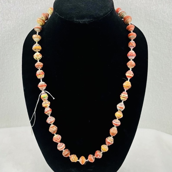 Handcrafted Rolled Paper Bead Necklace Orange Yellow Artisan Boho 28" - Picture 2 of 5